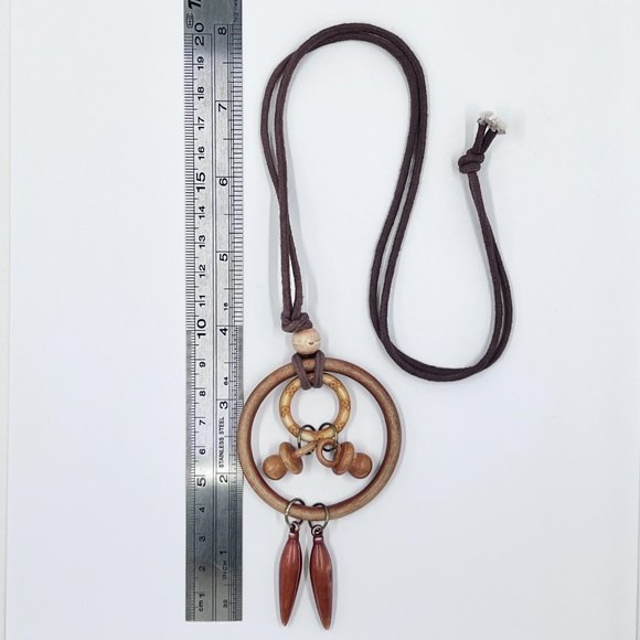 Faux Wood Dangle Brown Cord Over-the-Head 28” Necklace - Picture 4 of 6